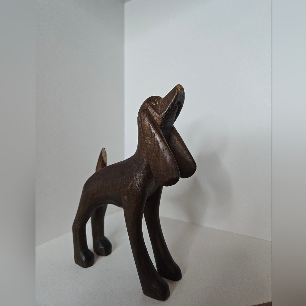 Hand-Carved Brown Wooden Dog Figurine - Decorative Pet Sculpture